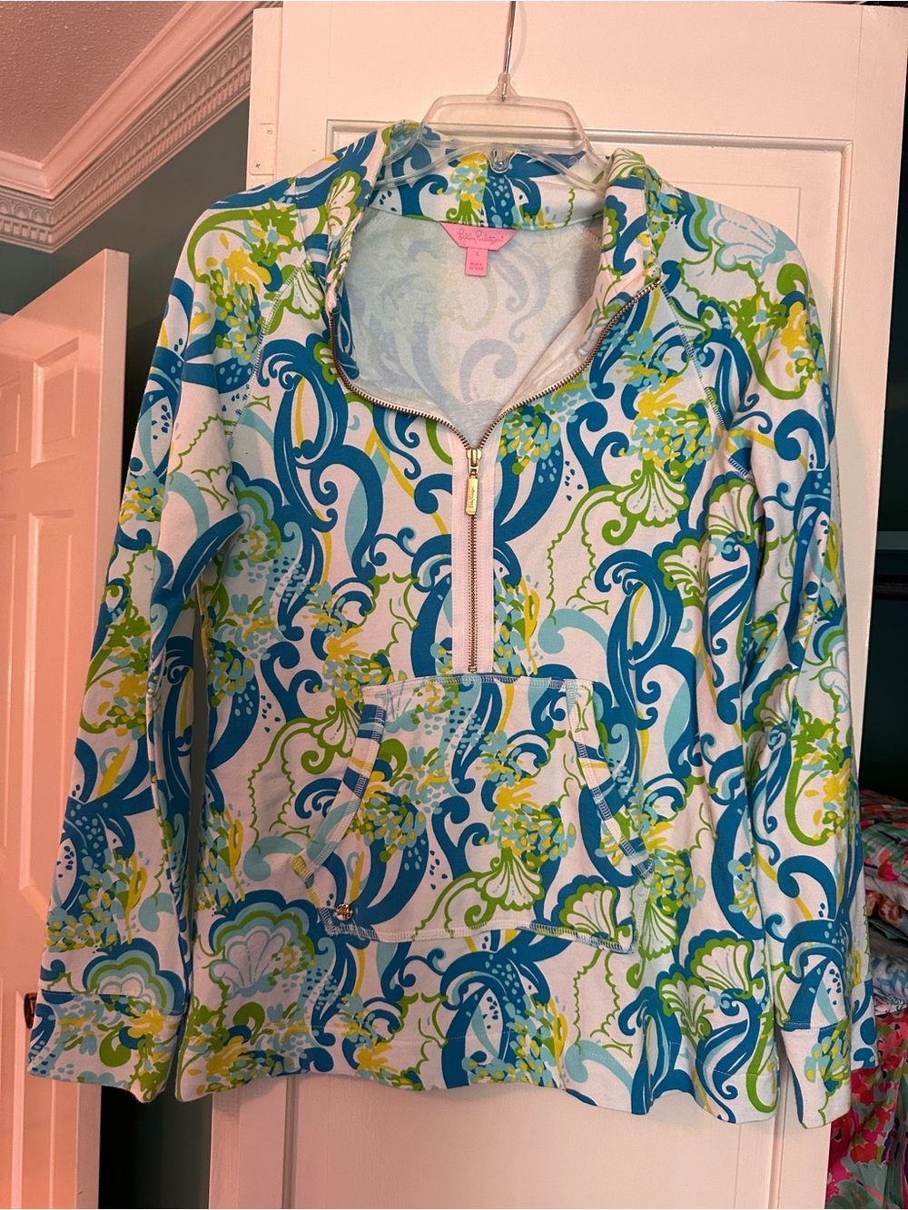 Lilly Pulitzer Blue, Green & White Printed Half-Zip Jacket